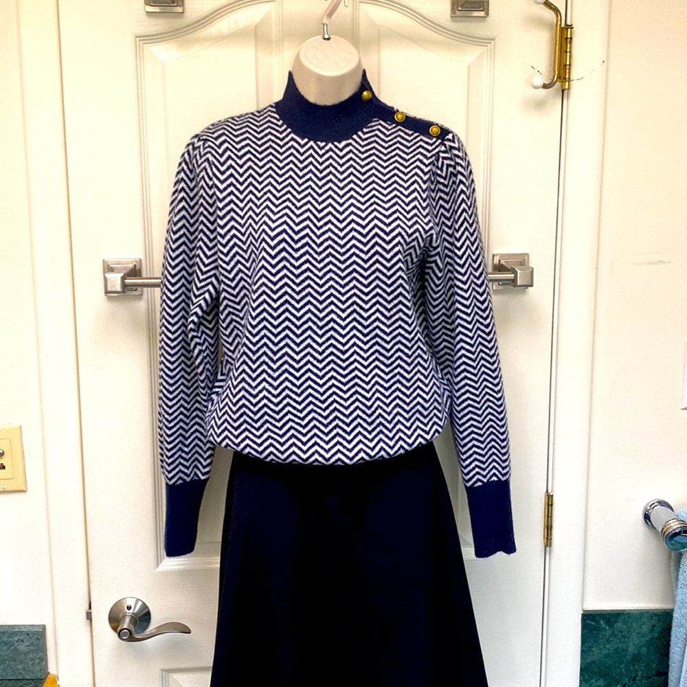 J. Crew Navy and White Chevron Turtleneck Sweater with Gold Buttons